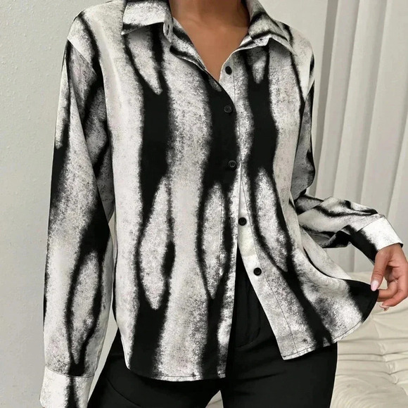 Black and White Casual Women's Long Sleeve Business Shirt - Picture 6 of 7